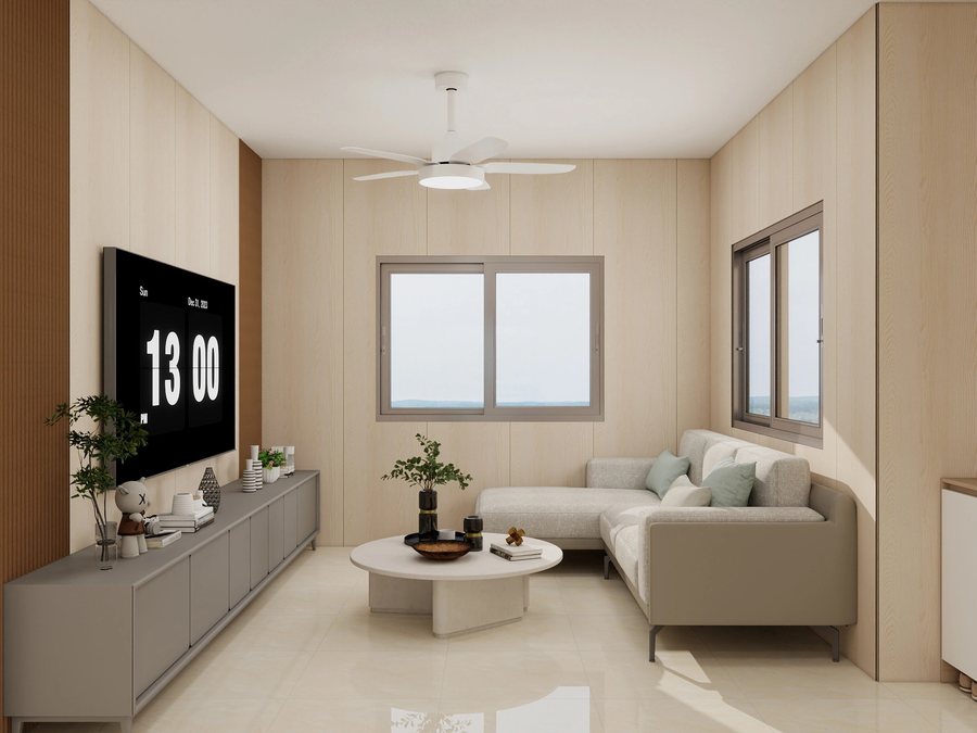 Living area with mullioned arched French windows