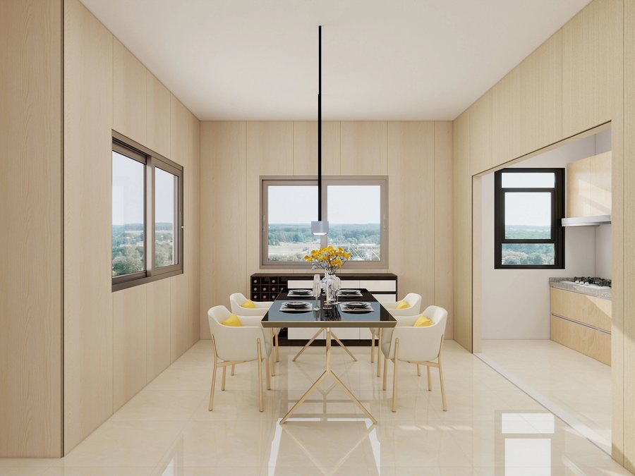 Kitchen and dining area with aluminium sliding and fixed window units