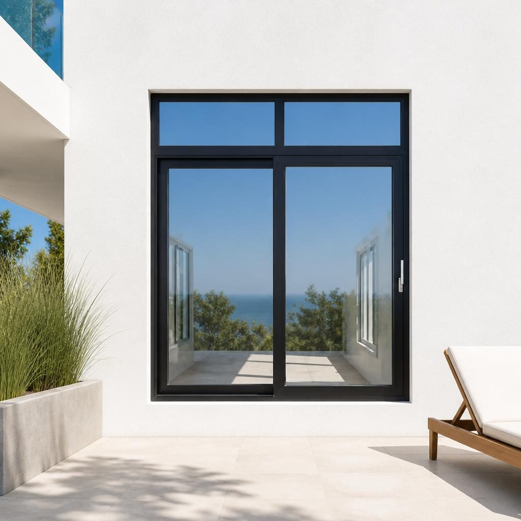Large aluminium sliding window with thermal break frame in a modern villa facade