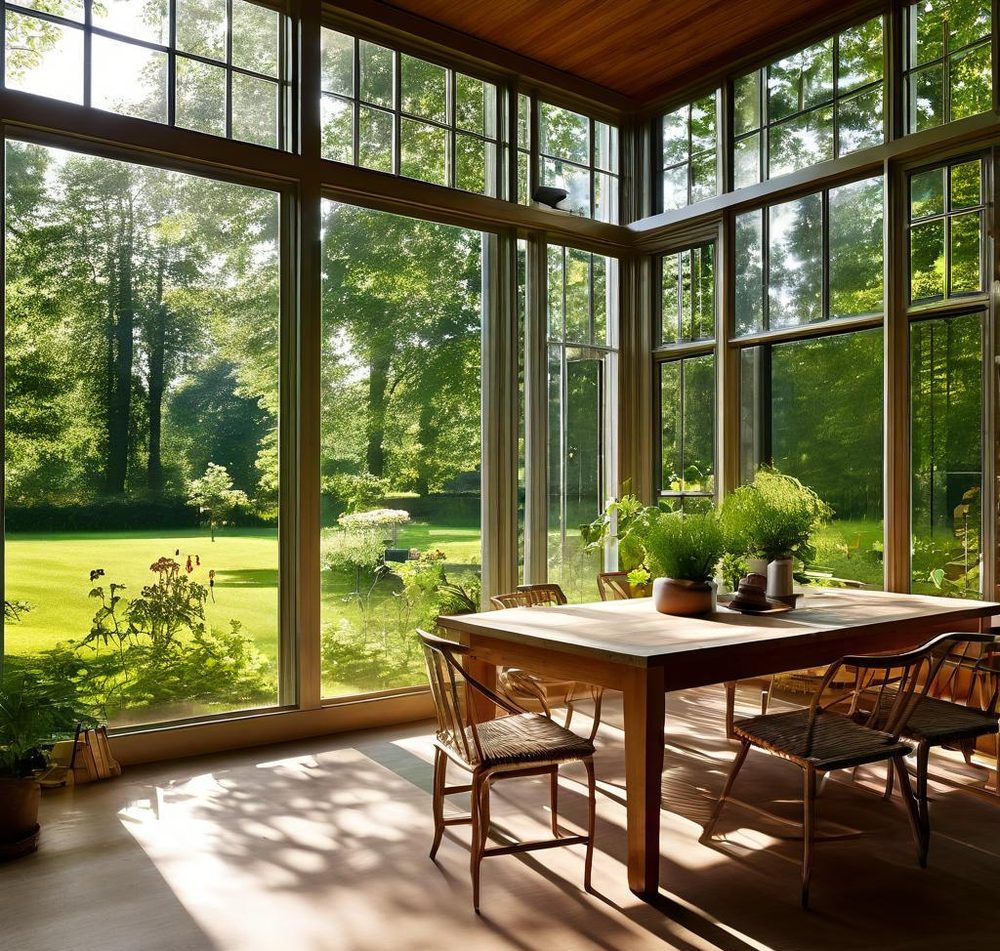 Fixed floor to ceiling glazing with aluminium frames in a garden room