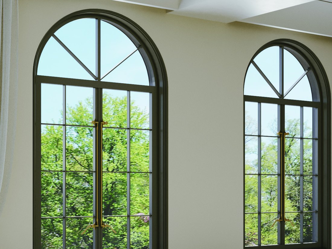Arched French windows with mullion glazing bars and slim aluminium frames