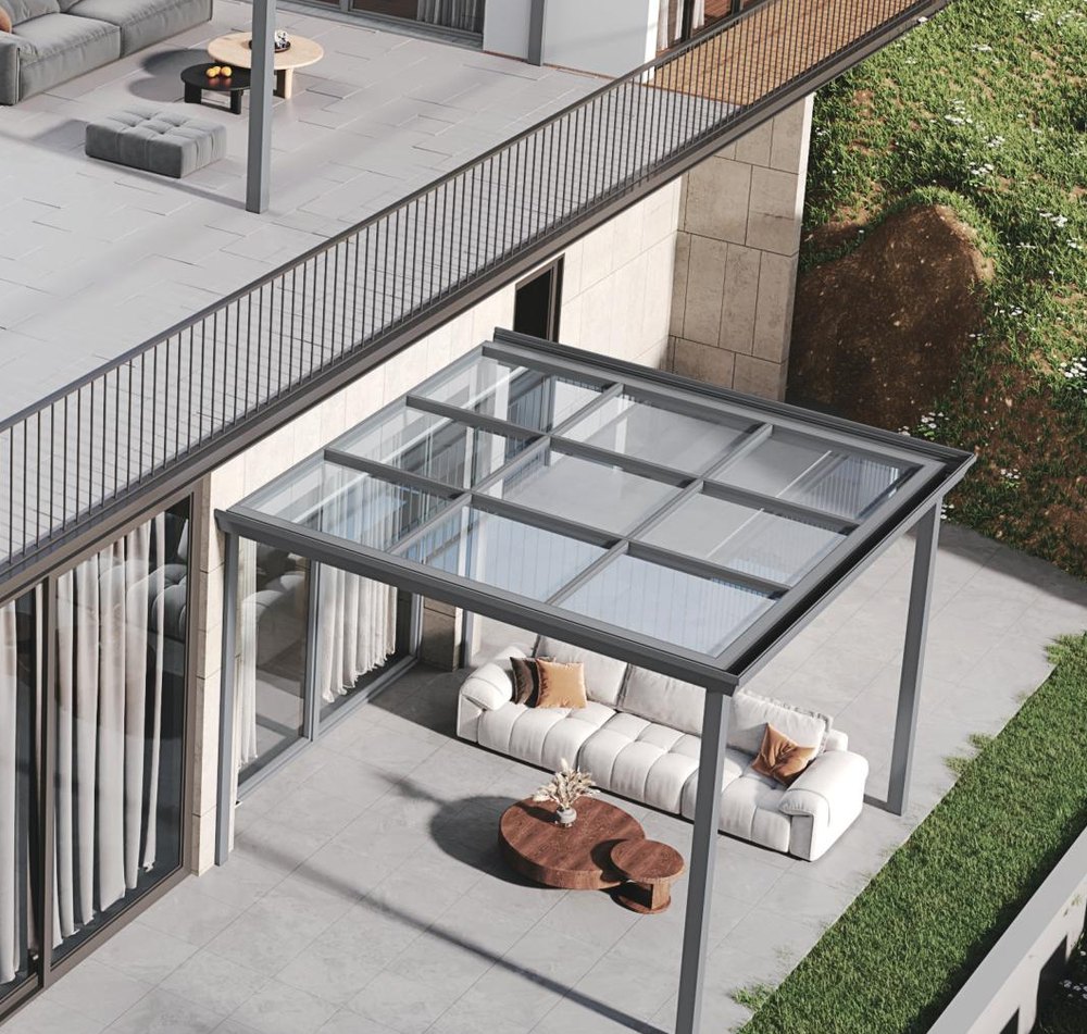 Glass roof sunroom with fixed full-height glazing and slim aluminium framing